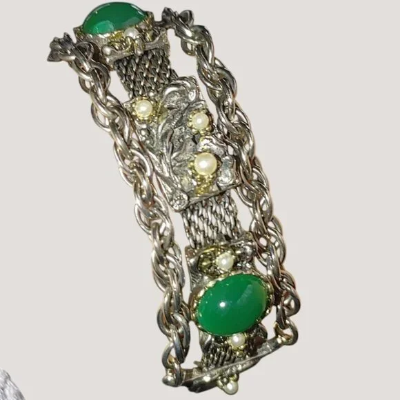 Bracelet Green Stone Cabochons Vintage Art Deco Silver Tone Faux Pearl Accents - Picture 5 of 9